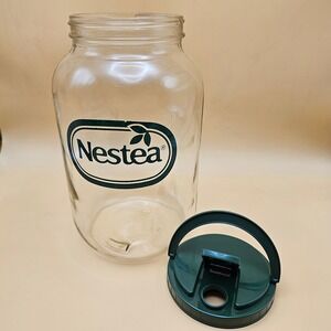 Vintage Nestea Glass Jar with Green Lid and Handle 1 Gallon Beverage Container
